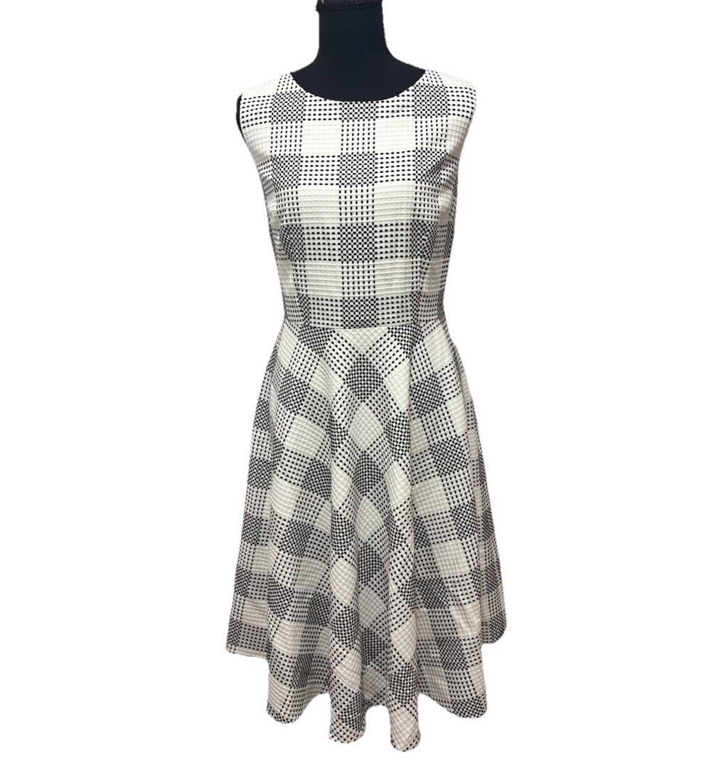 Talbots Black White Plaid Fit Flare Dress Size 10 Sleeveless Career